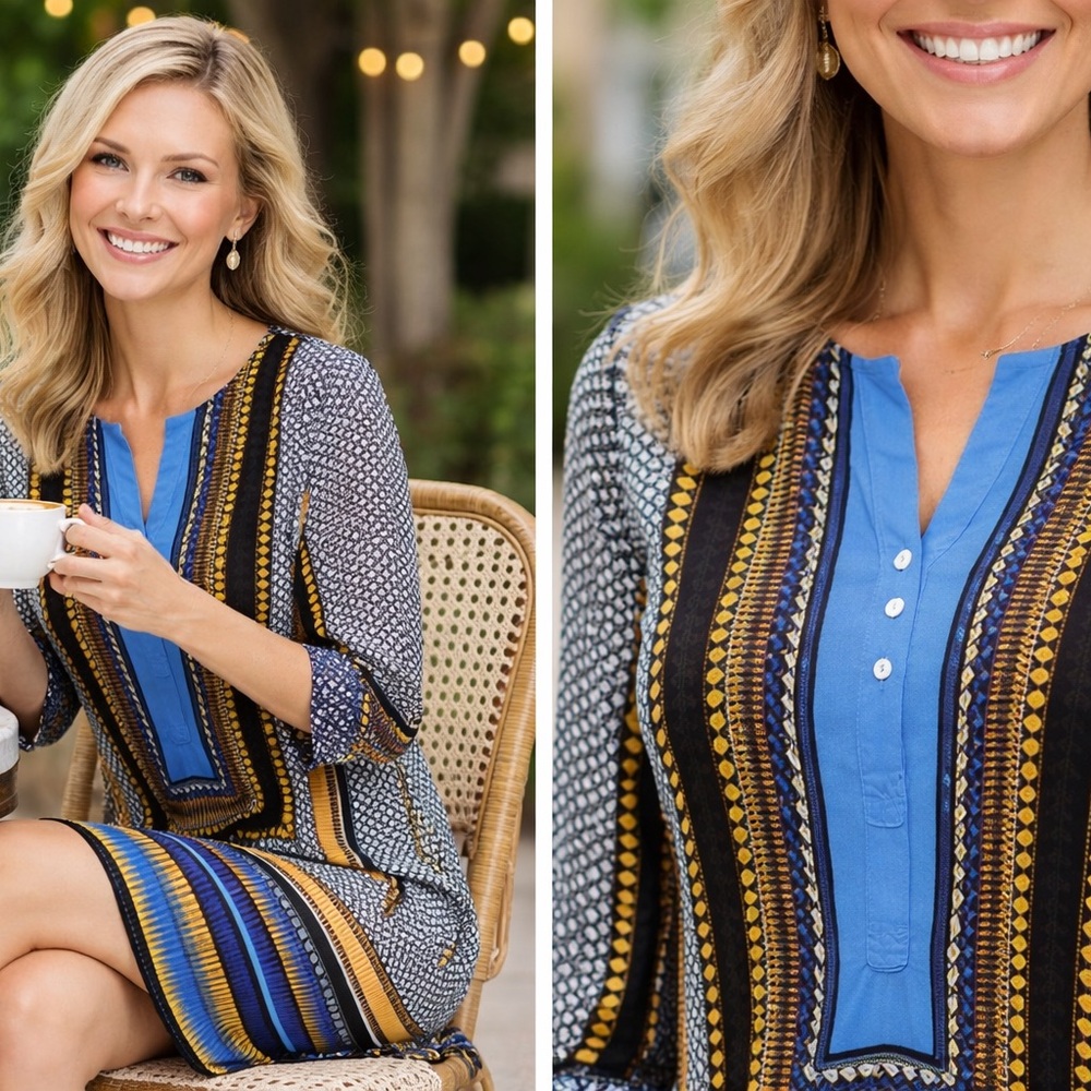 🔥NWT Grace Elements Boho Geometric 3/4 length sleeve shift dress. Knee length